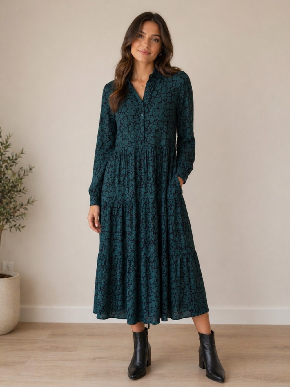 Boden Dark Teal Floral Long Sleeve Tiered Midi Shirt Dress Size 6